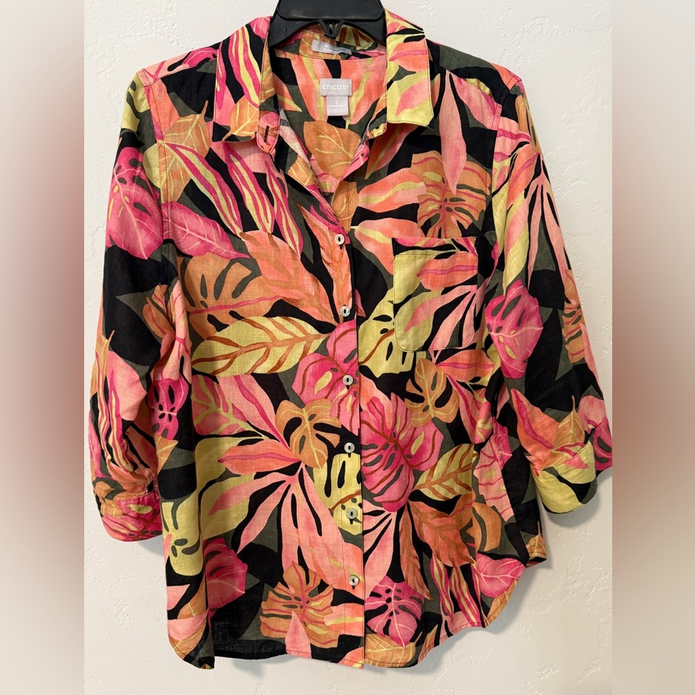 Chico's Vibrant Tropical Print Linen Button-Down Shirt Size 2 / Large